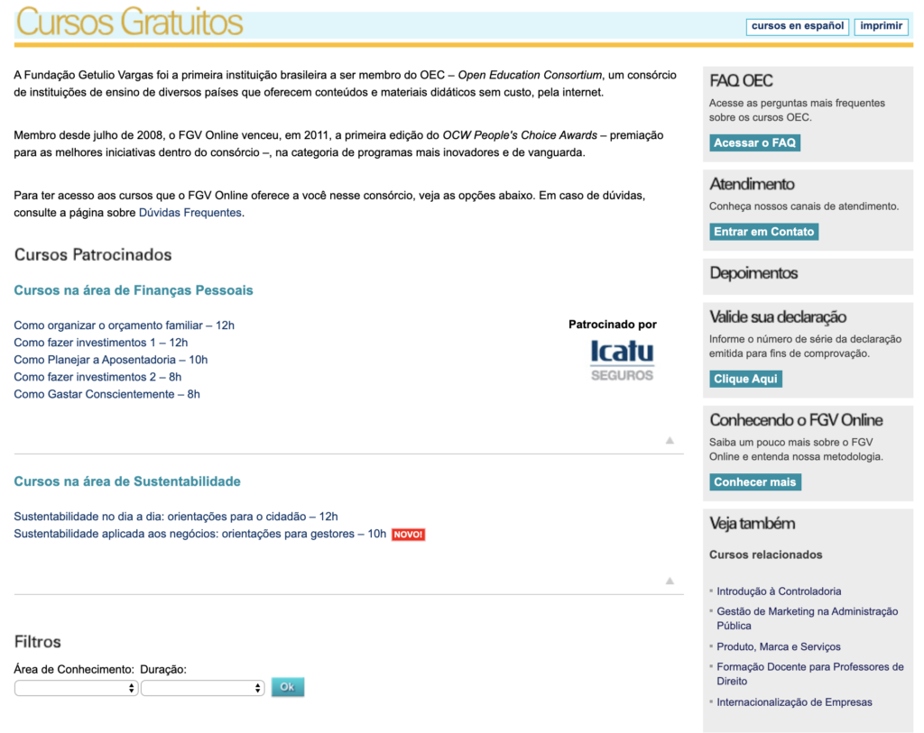 Print do site FGV, onde mostra os cursos gratuitos oferecidos pela mesmas.