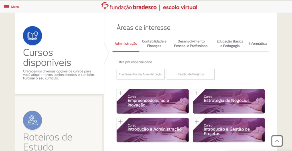 Print do site Fundação Bradesco e os cursos disponíveis